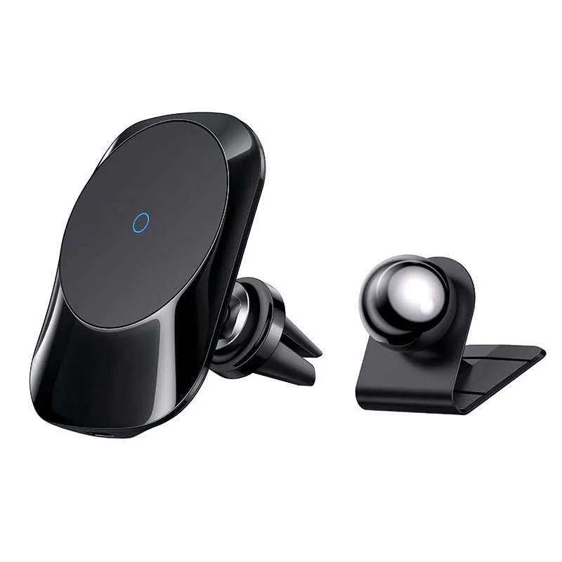 Black magnetic car wireless charger with 15W fast charging mounted on vehicle air vent