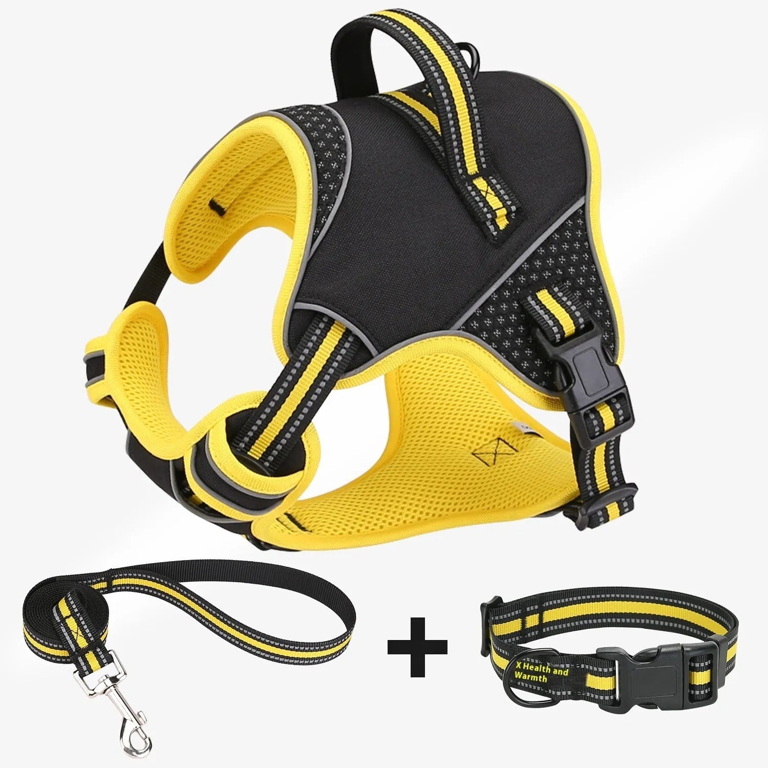Yellow and orange polyester dog harness traction strap set for outdoor training.