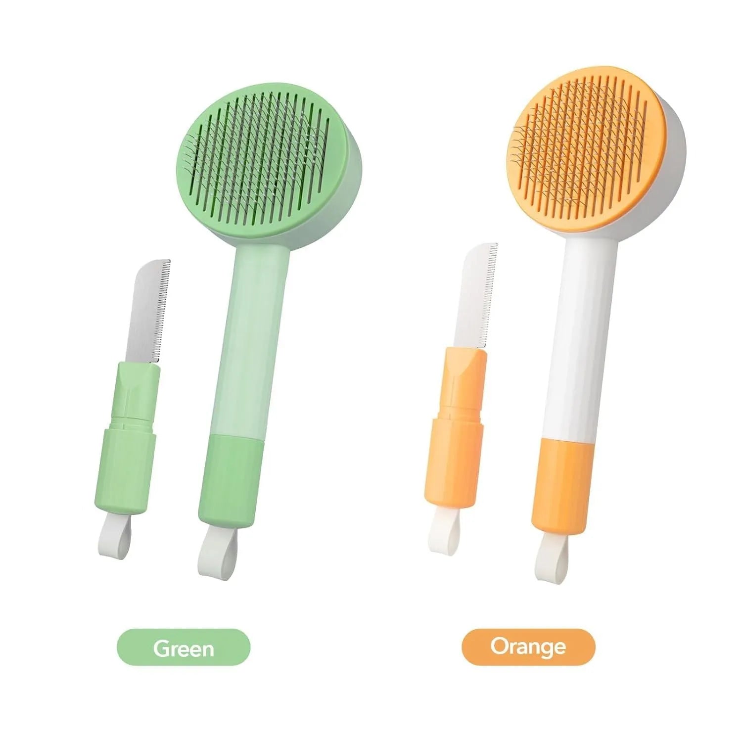 Green and yellow pet grooming brush with stainless steel teeth for deshedding cats and dogs