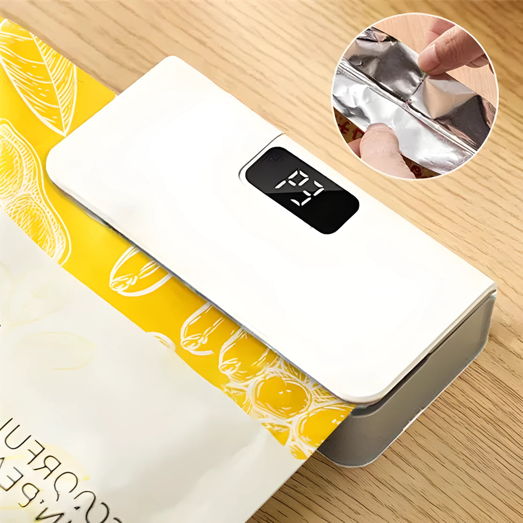 Small white handheld heat sealing machine for plastic food bags on a kitchen worktop.
