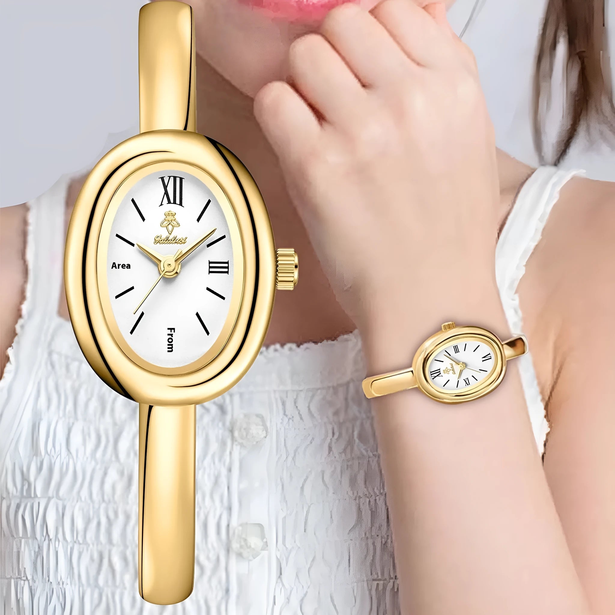 Women's retro oval quartz watch with 8mm thickness in gold colour variant