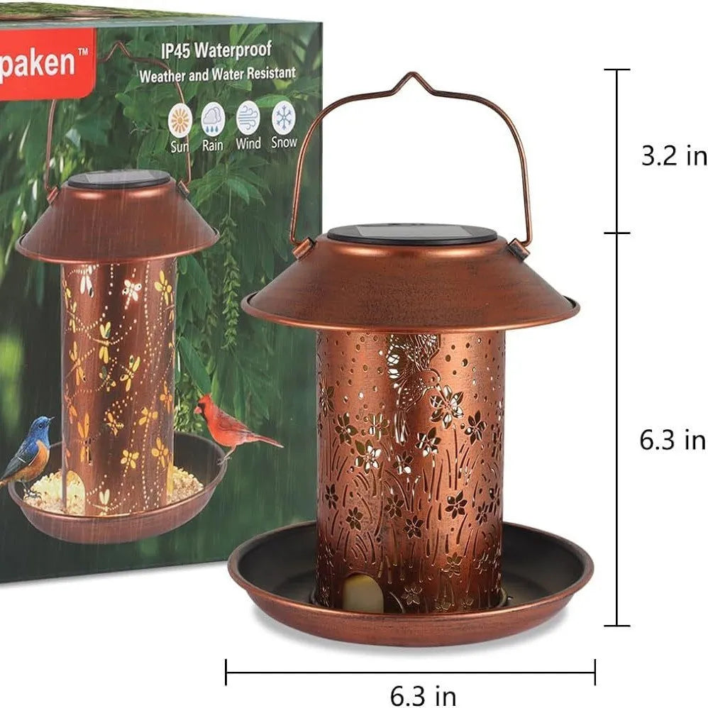 Solar-powered hummingbird pattern iron art bird feeder with LED lighting for outdoor garden decoration