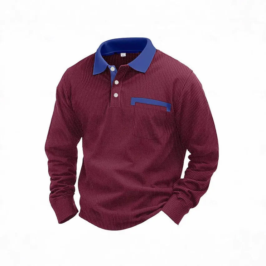 Men's long sleeve waffle texture polo shirt in loose fit with asymmetric design
