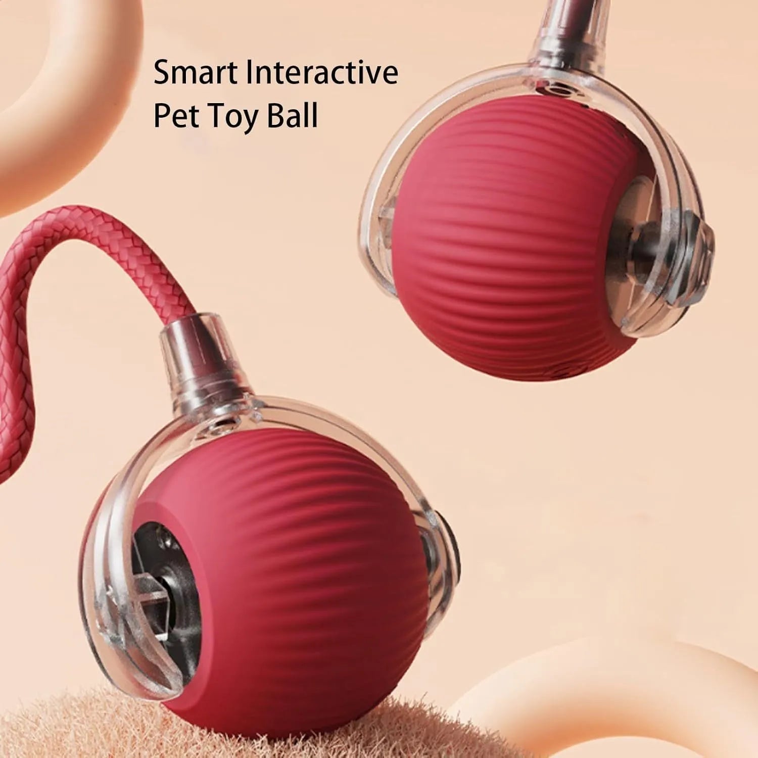 Smart automatic rolling pet ball toy with rope attachment in grey colour, 6.5cm diameter