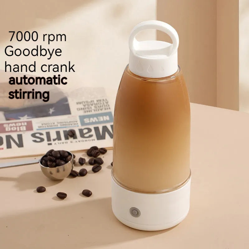 Automatic electric shaker bottle with USB port, handle, and blending blade in green, pink, or white.