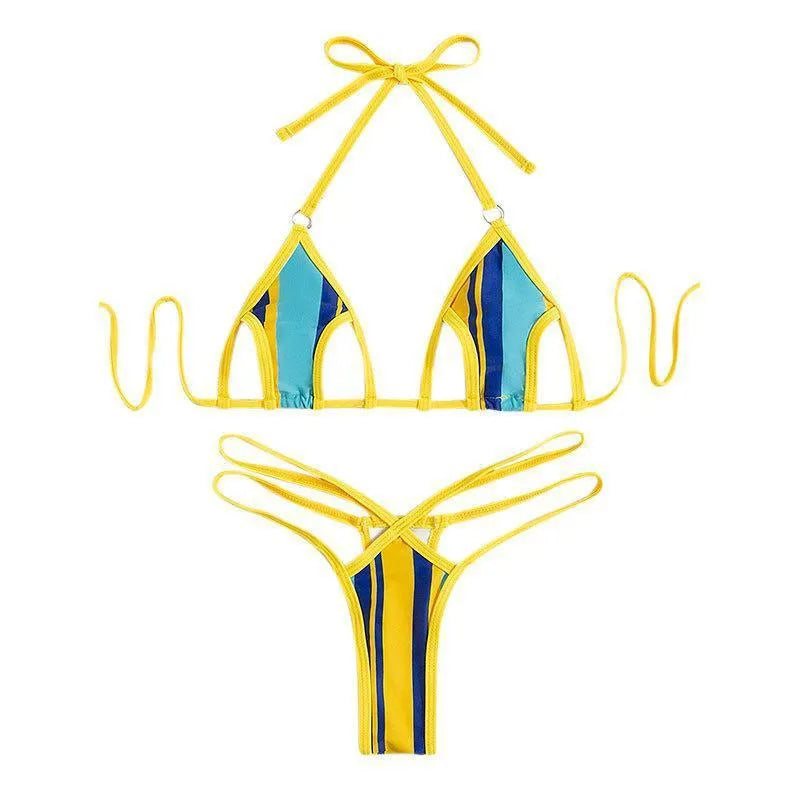 Yellow women's two-piece swimsuit with hollow neck-hanging style and backless design.