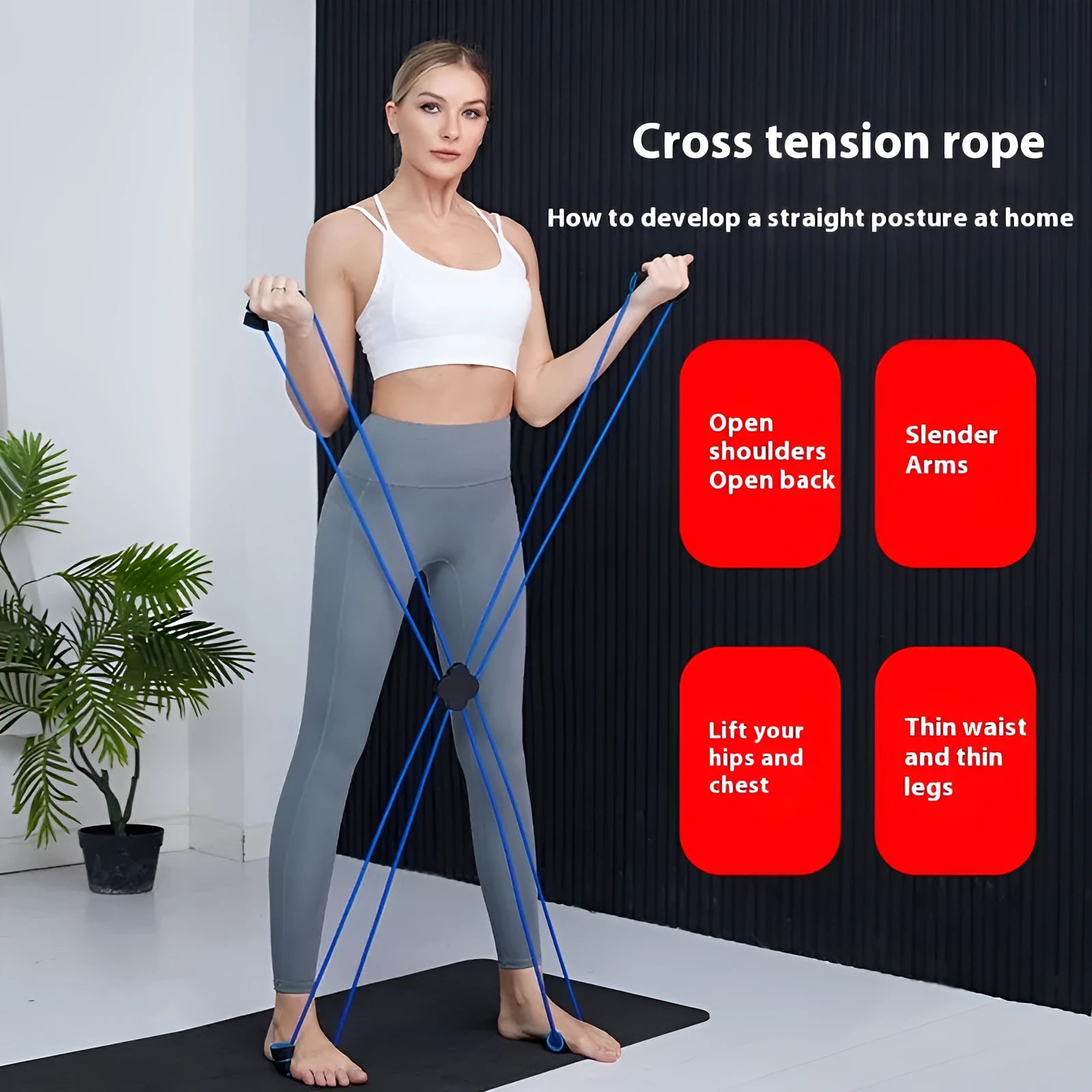 Blue and red eight character puller fitness equipment for women's shoulder workouts.