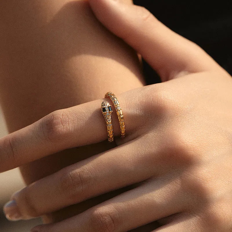 Adjustable snake finger ring for women in gold colour with diamond treatment on copper