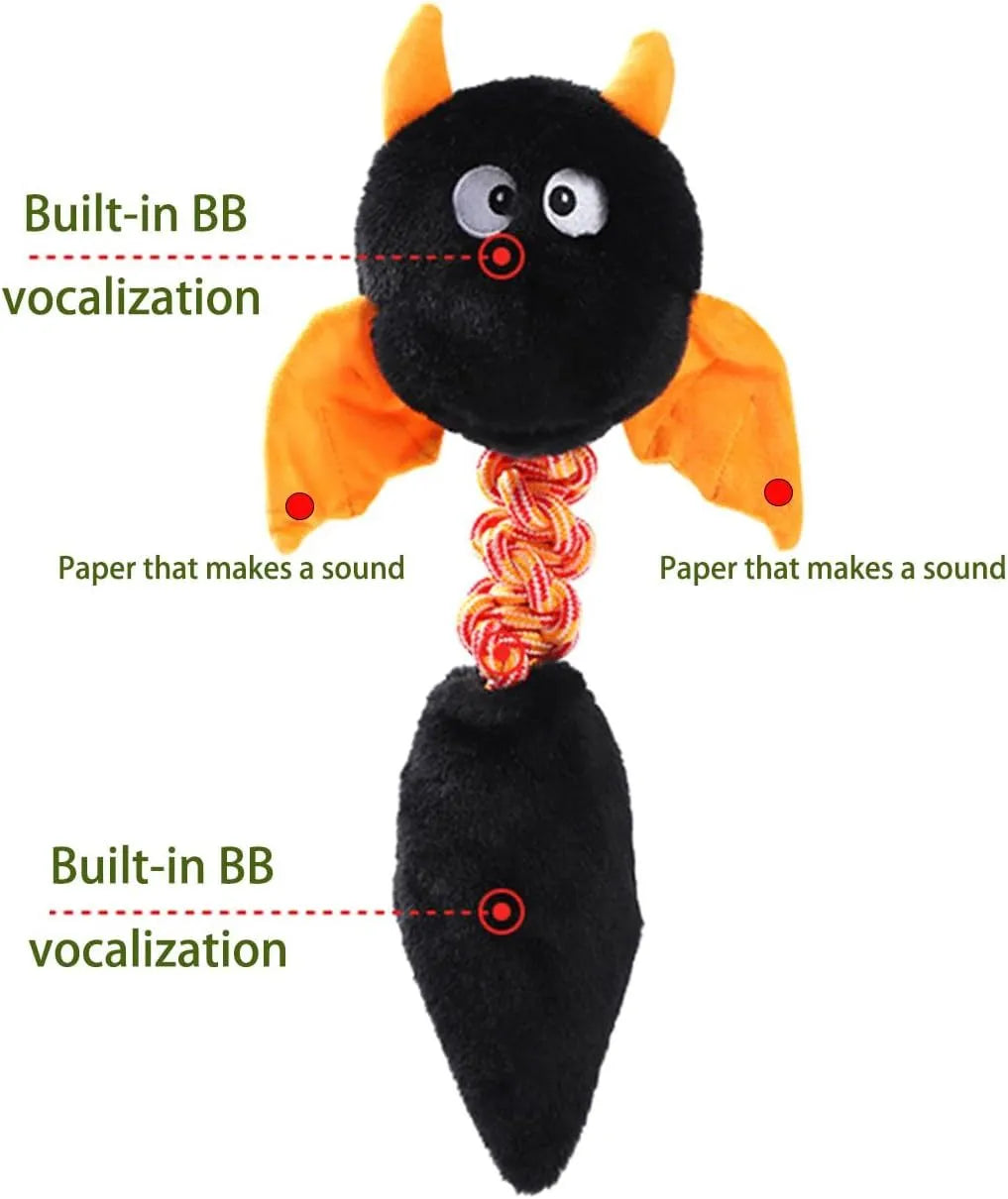 Soft plush dog toy with cartoon design in black, green, or red, showing size scale.