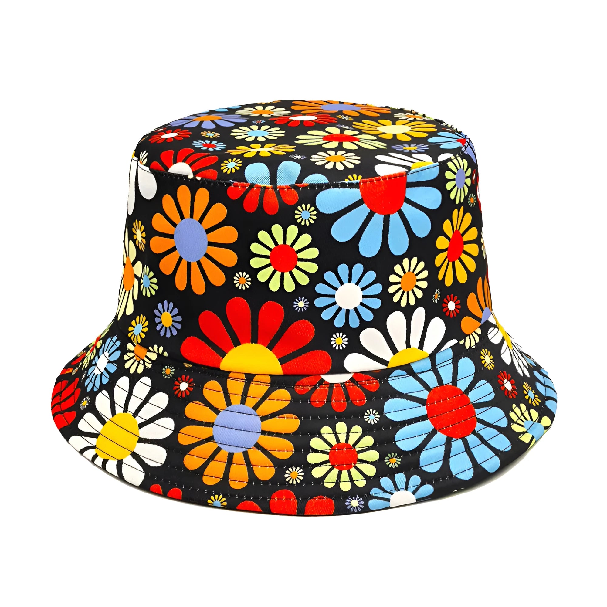 Colourful floral print polyester bucket sun hat with a dome crown, size M.