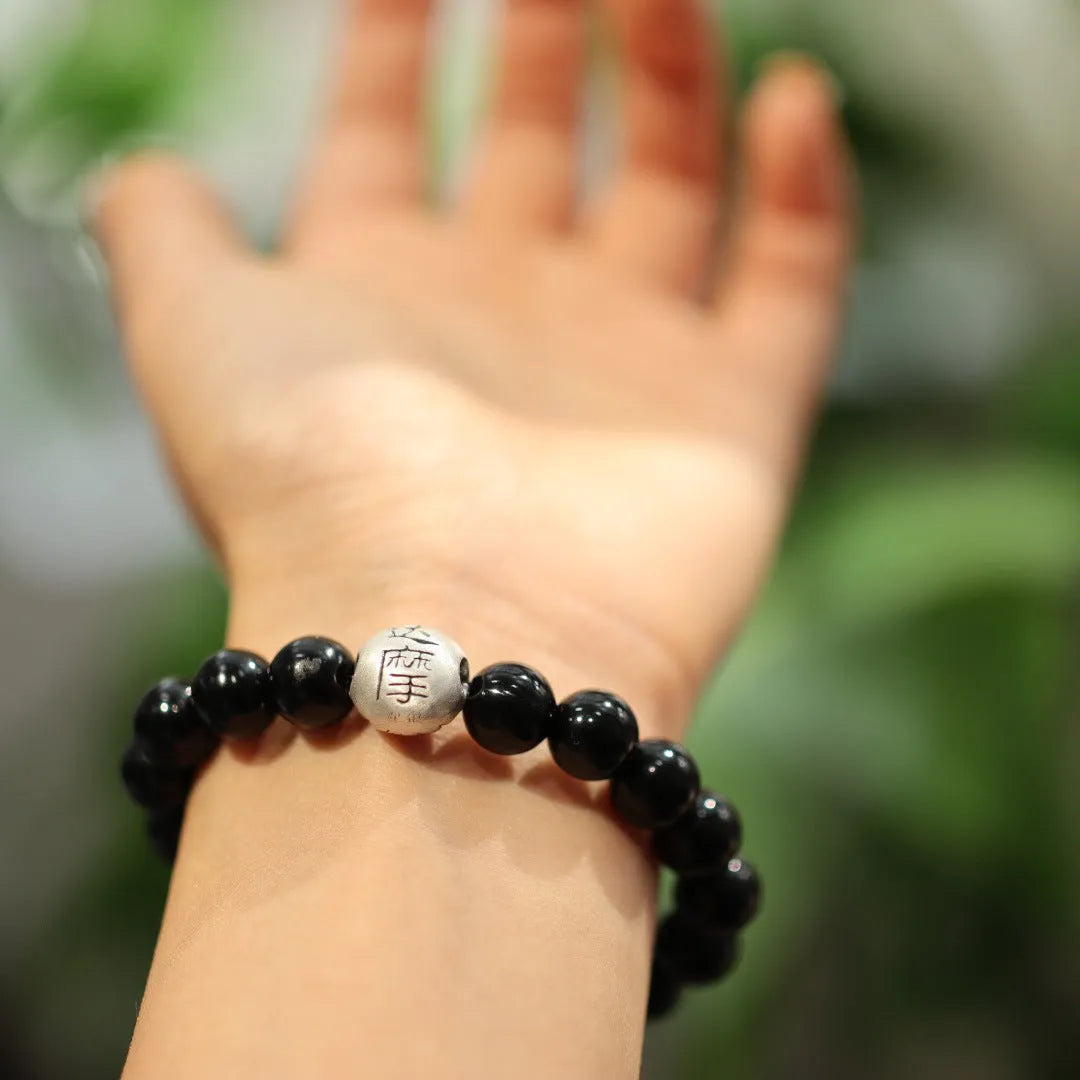 Natural black agate bracelet with 10mm stone set in Chinese style 999 sterling silver setting
