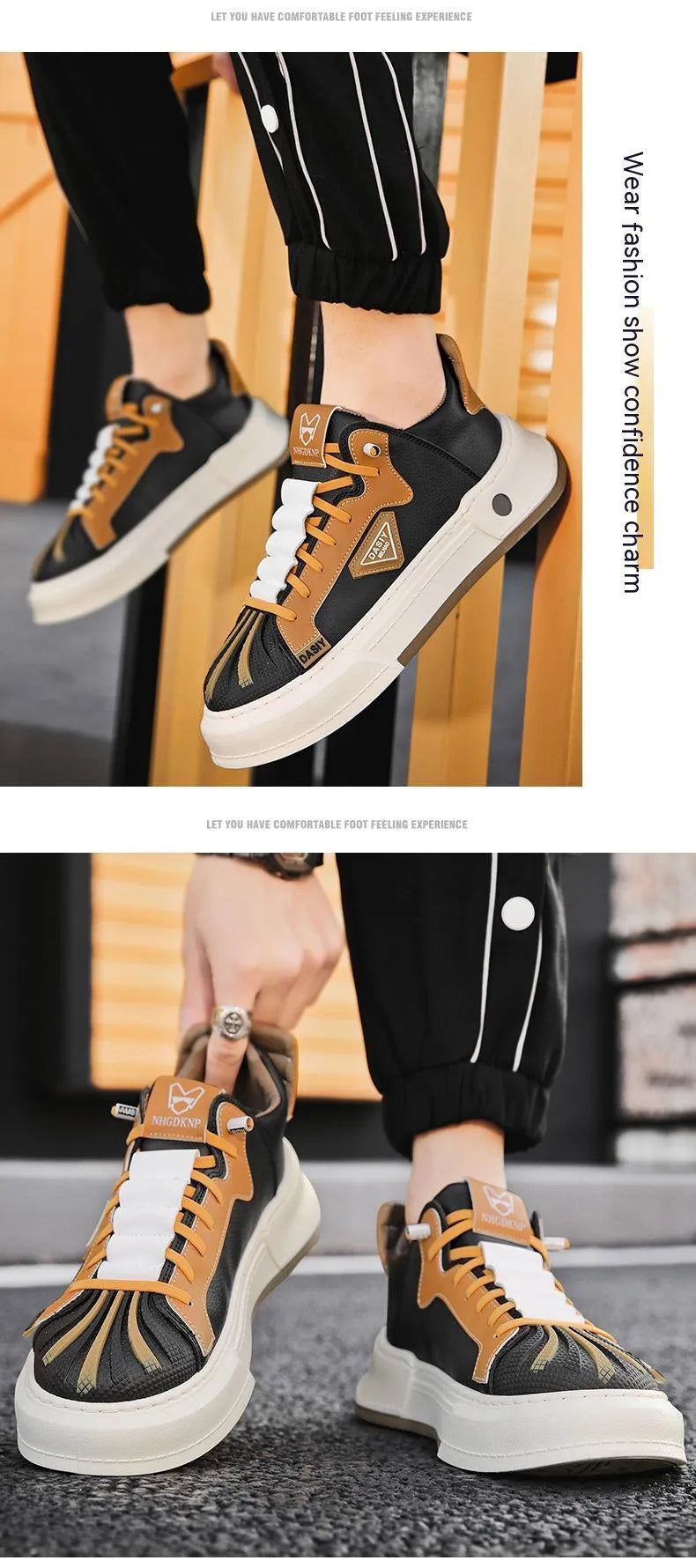Men's beige and black low-top sneakers with elastic band closure and round toe