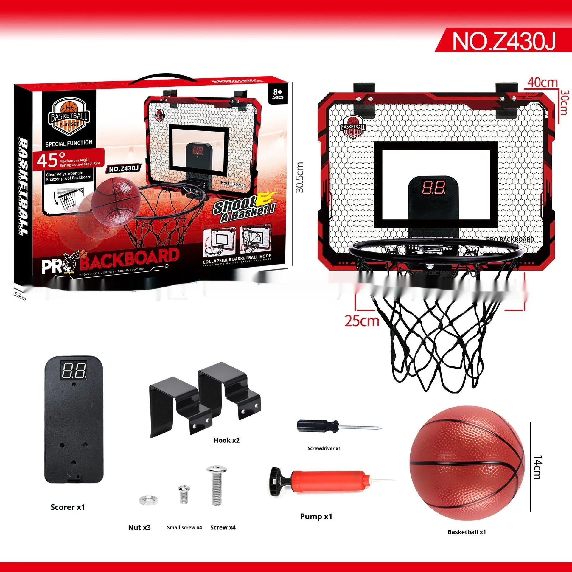 Red and blue folding basketball frame with dunk scoring markings and suction cup mounting system