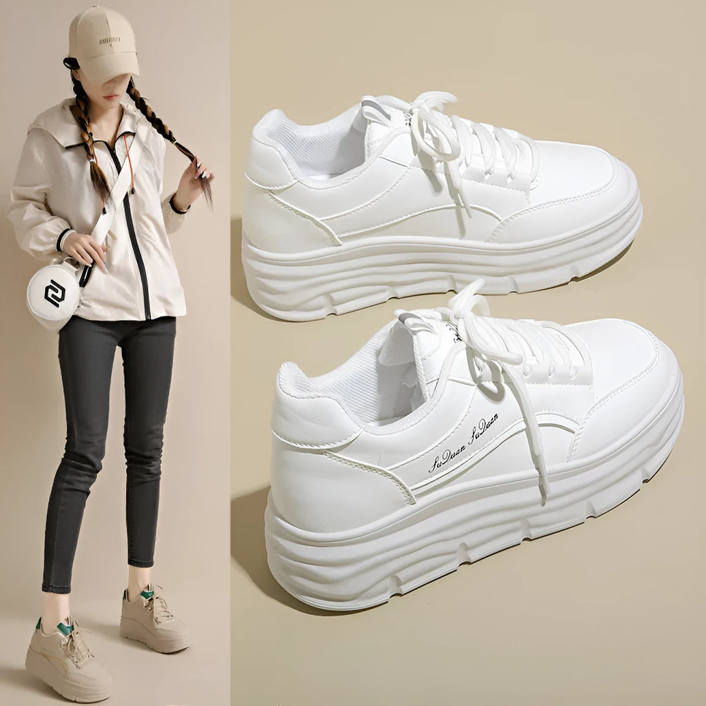 Thick bottom height increasing casual shoes in white or khaki with 3-5cm mid heel, synthetic leather upper, and rubber sole.