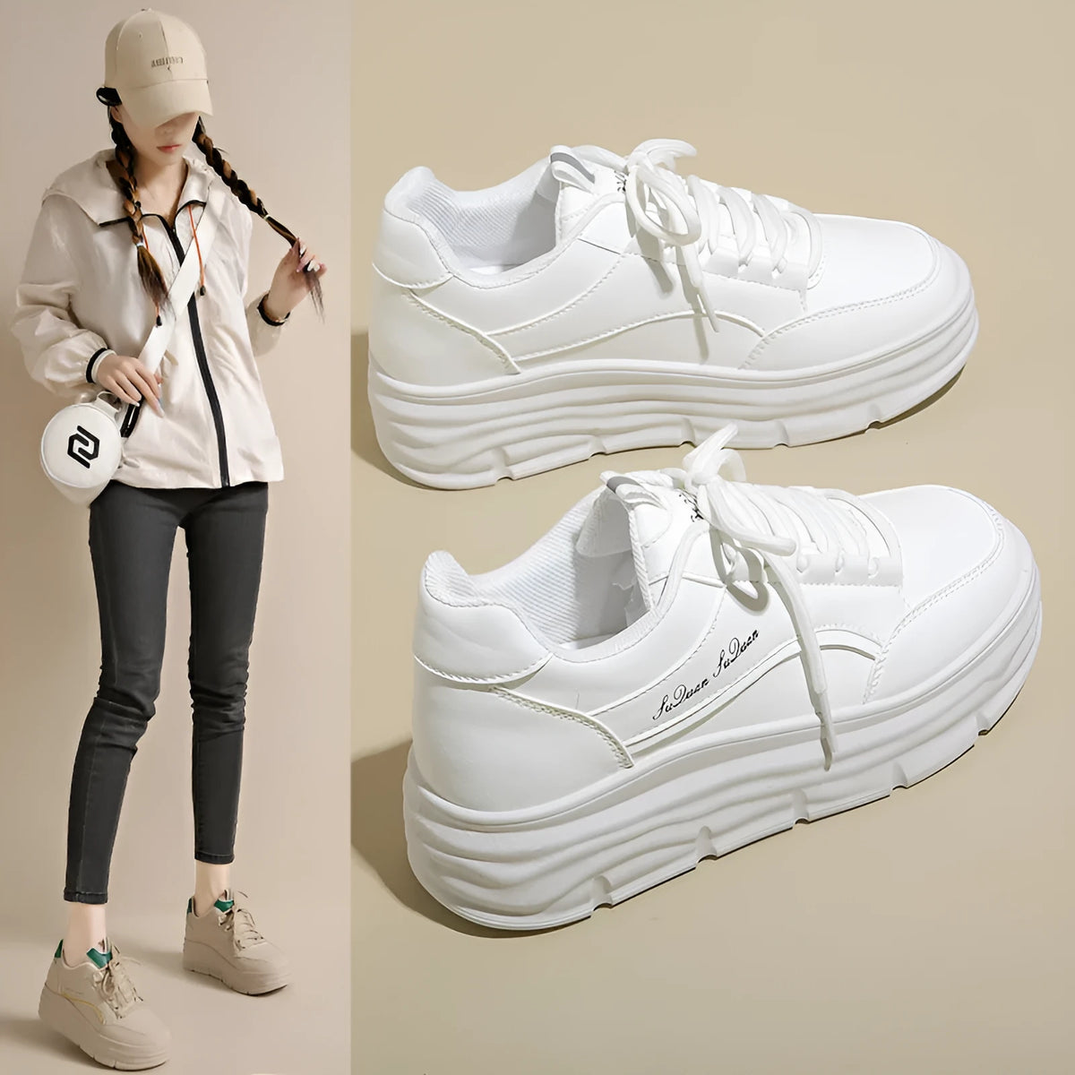 Thick bottom height increasing casual shoes in white or khaki with 3-5cm mid heel, synthetic leather upper, and rubber sole.