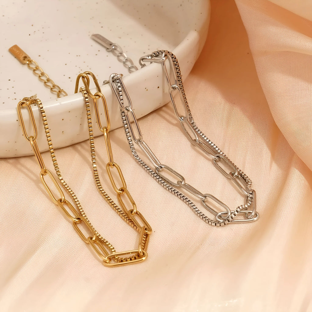 Double layer titanium steel bracelet with geometric line design in gold or silver colour