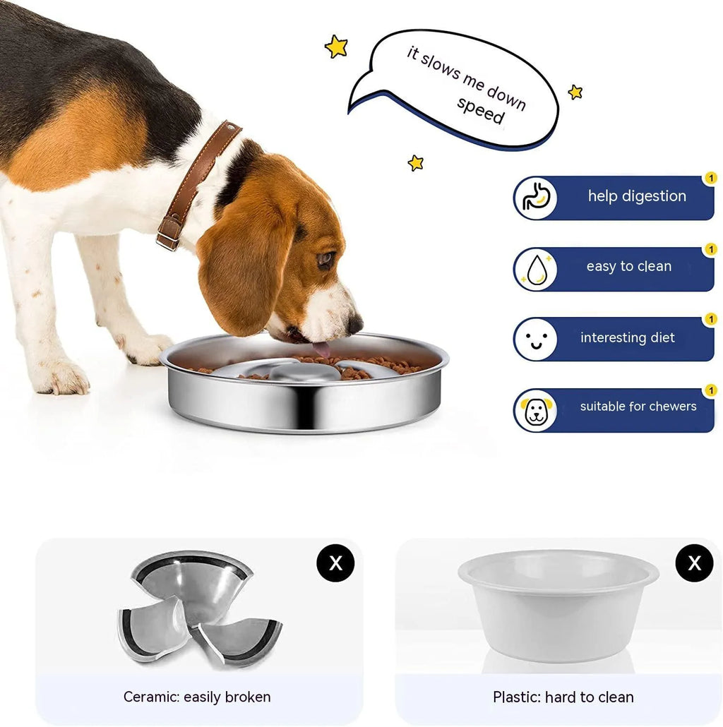 Stainless steel pet slow feeding bowl with neck protector, silver finish, single bowl for dogs and cats