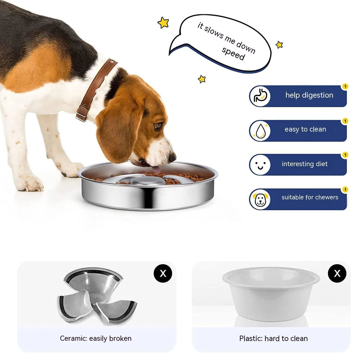 Stainless steel pet slow feeding bowl with neck protector, silver finish, single bowl for dogs and cats