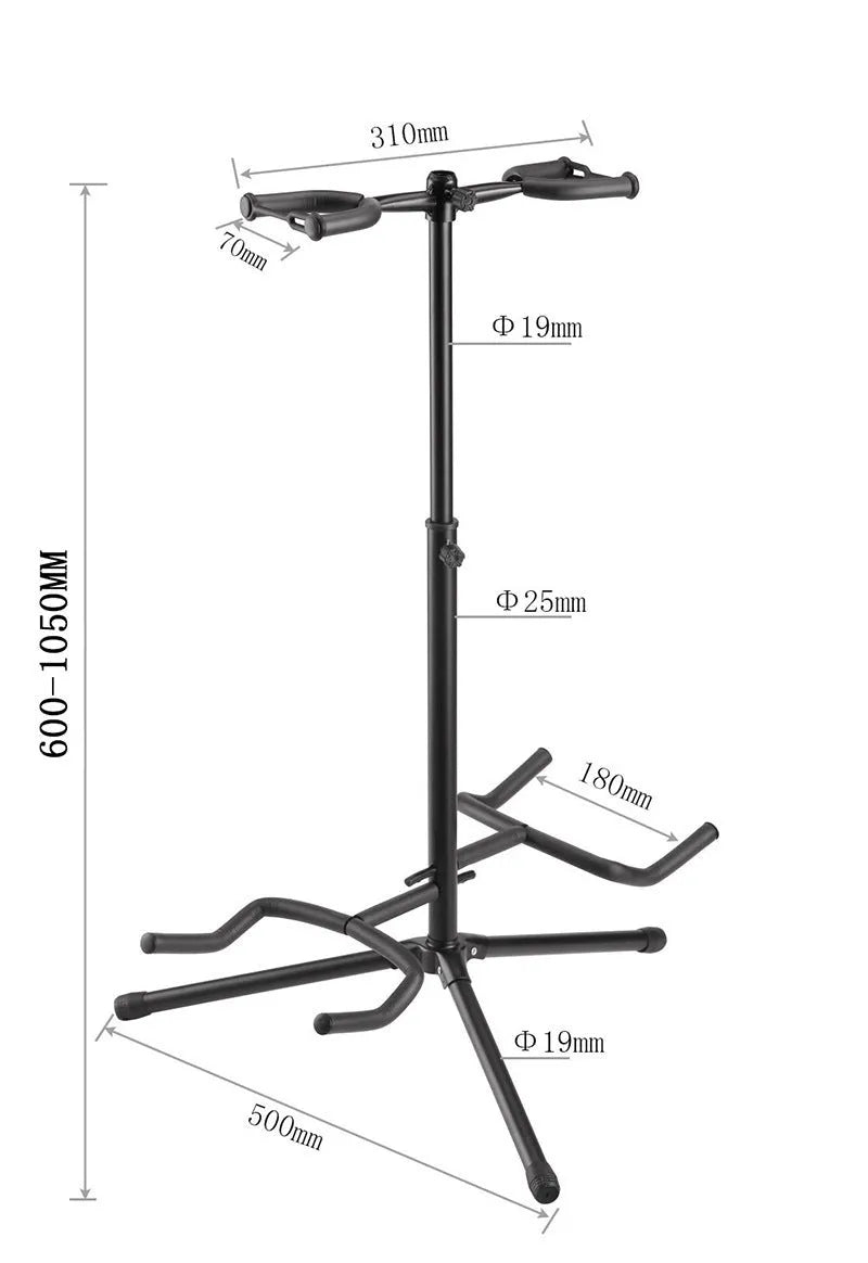 Black iron vertical double-headed adjustable guitar stand holding two guitars.