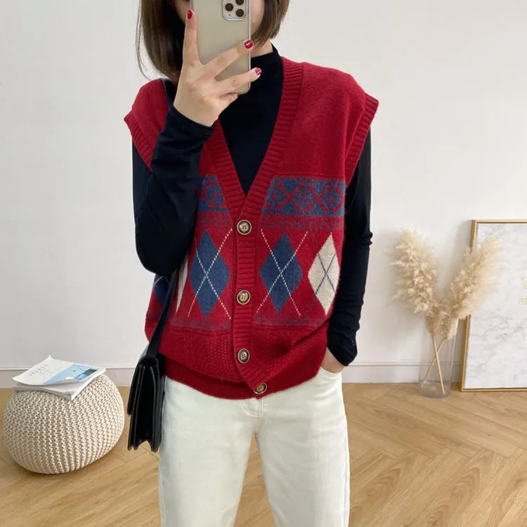 Khaki diamond plaid pattern sleeveless loose cardigan on a hanger