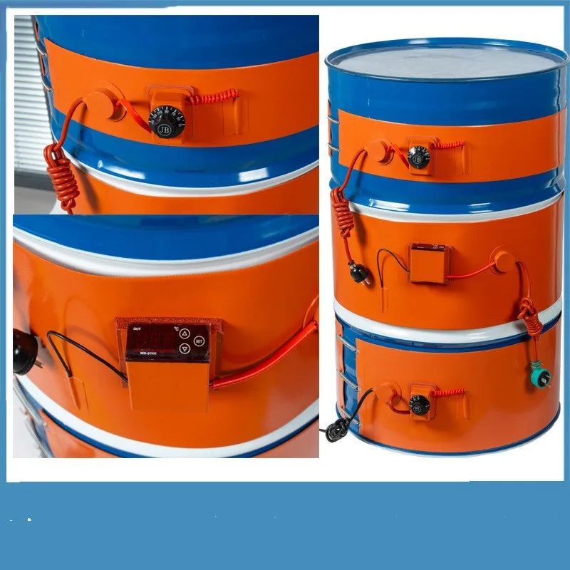 Silicone rubber heating belt wrapped around a 200-litre industrial oil drum.
