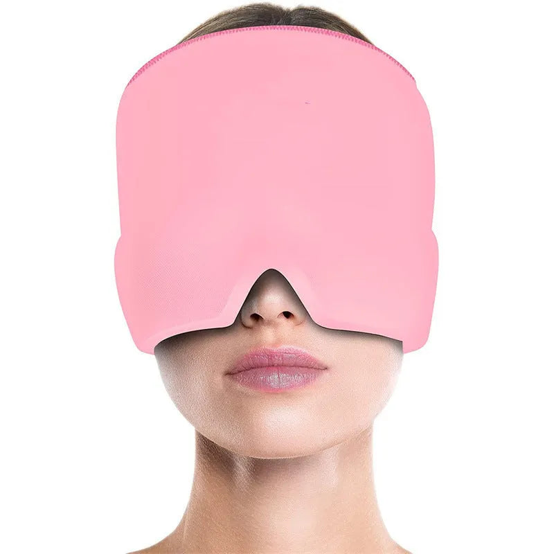 Black elastic ice gel headache relief eye mask shown on a mannequin head, adjustable for 42-66cm circumference.