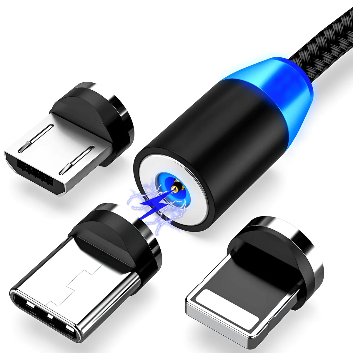Magnetic 3 in 1 data cable with USB, 8PIN, Micro USB and TYPE-C, in black gold silver red, 1m or 2m