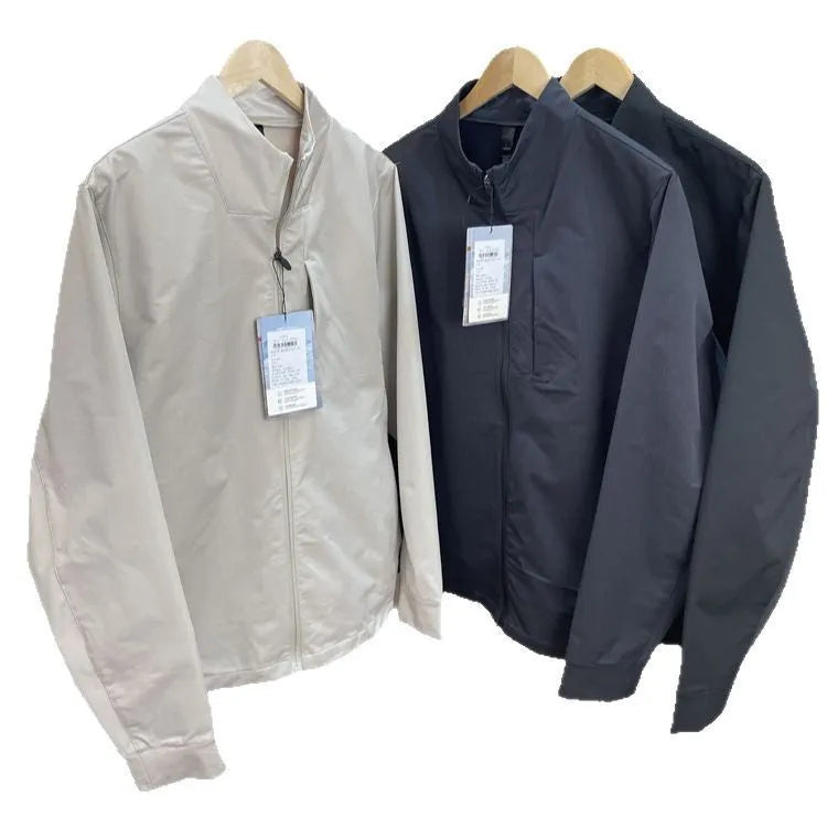 Men's stand collar sports casual jacket, long sleeve, straight hem, polyester, black dark blue or milky white