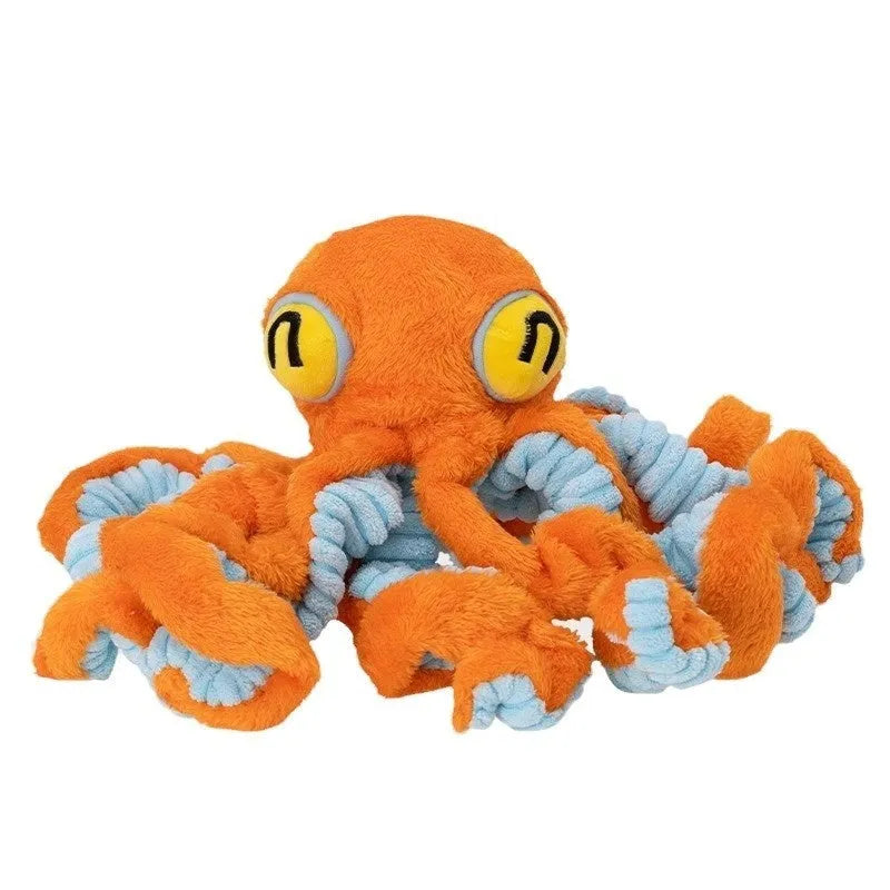 Plush octopus interactive dog pull toy for medium to large dogs, available in blue or orange, with pull-cord design for tug play.
