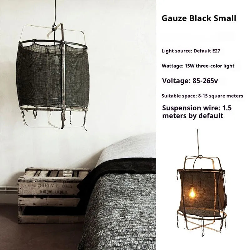 Design pendant lamp with 40cm diameter bamboo frame and beige gauze mini edition shade for restaurant use