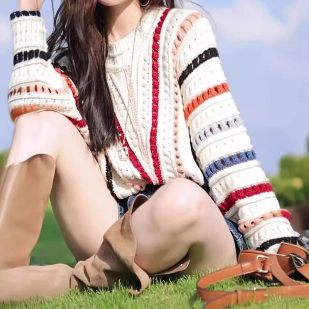 Retro rainbow striped loose fit sweater with batwing sleeves and round neck