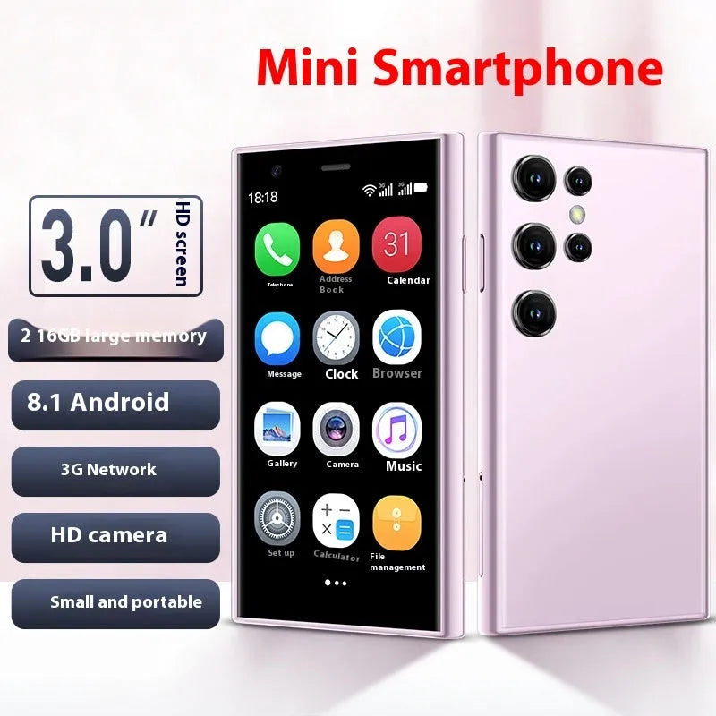S23PRO XS15 mini smartphone in black, green, or pink purple colour on a white background.