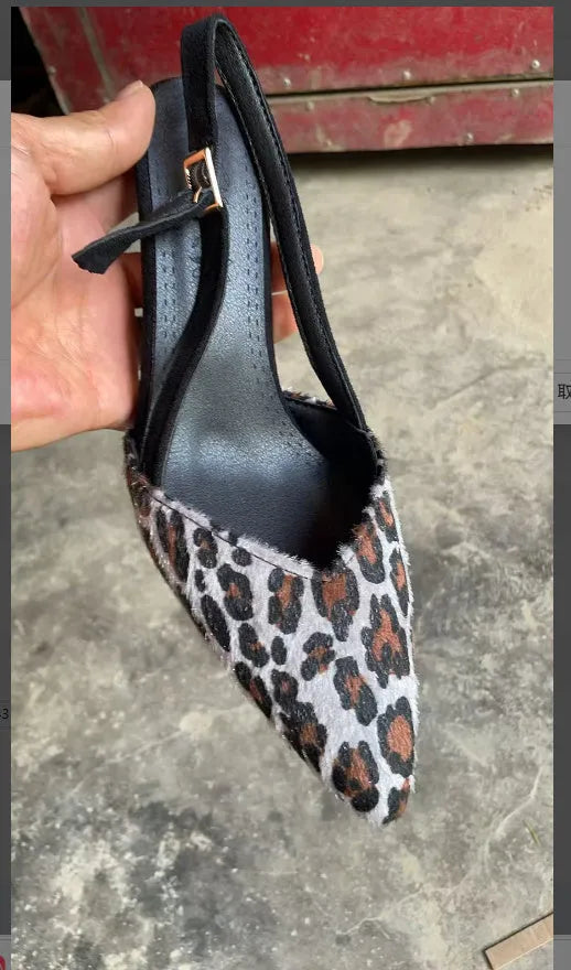 Leopard print suede women's sandals with a pointed toe and scatter heel.