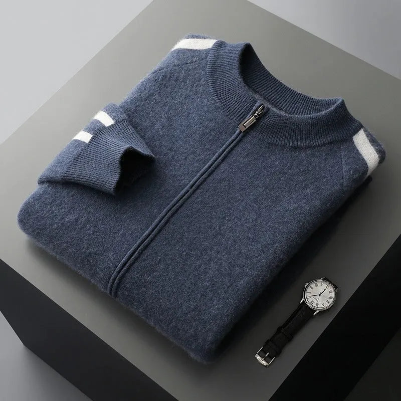 Thickened pure wool half turtleneck cardigan in light gray with button front and long sleeves