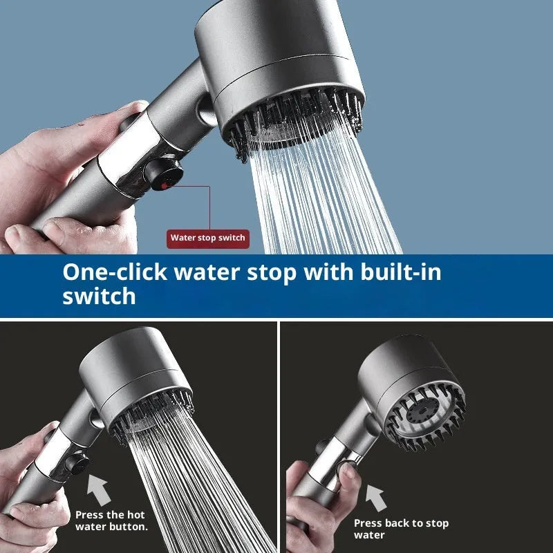 Supercharged handheld shower head set in grey finish with LED lighting and universal interface on stainless steel pipe
