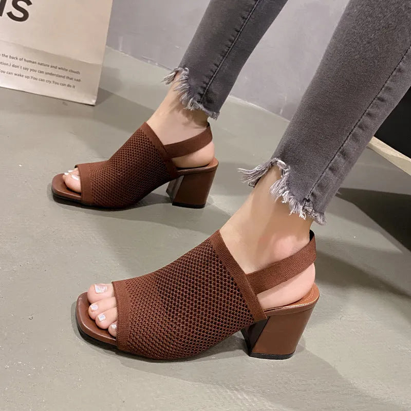 Women's flyknit chunky heel sandals with square toe, mesh upper, rubber sole, black, sizes 35-42