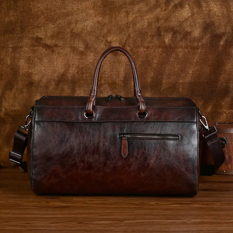 Handmade European retro leather bag in vintage brown with first layer cowhide construction and below 20L capacity
