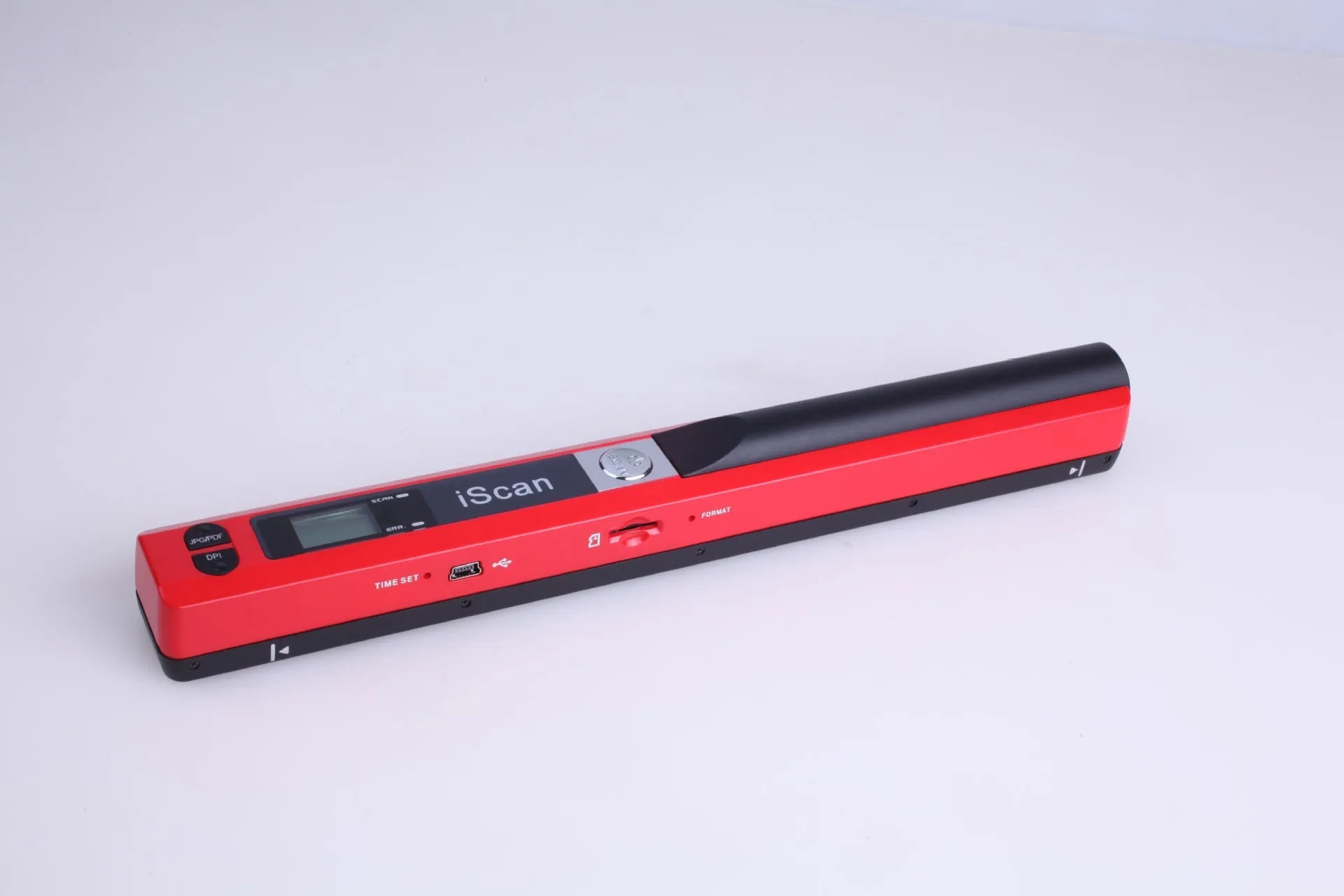 Handheld USB barcode scanner in choice of five colours: black, blue, green, red, silver.