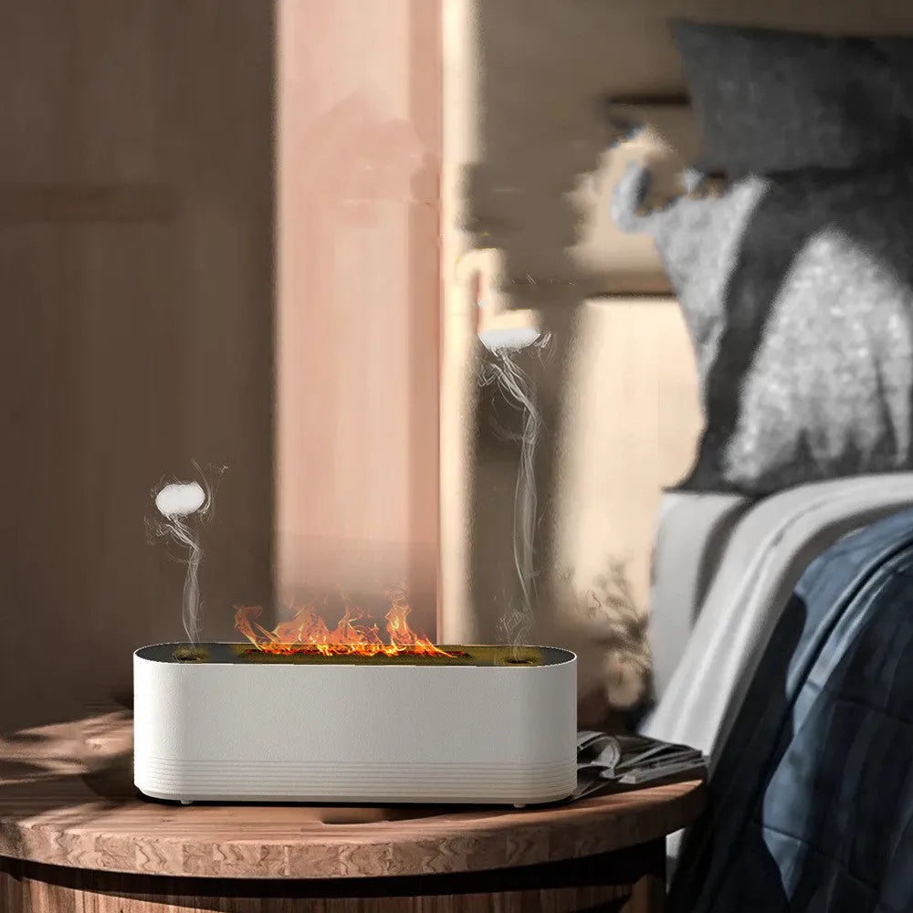 Black Flame Air ultrasonic humidifier diffuser with LED flame lights and mist output on a wooden table.