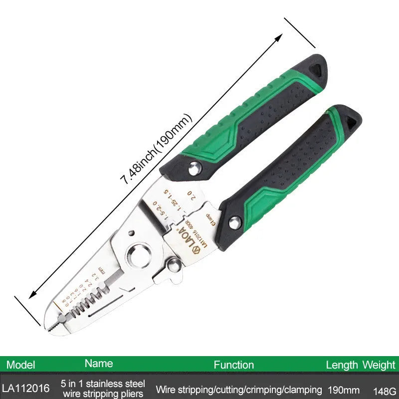 Multifunctional stainless steel wire stripper with two-colour handle and seven stripping apertures
