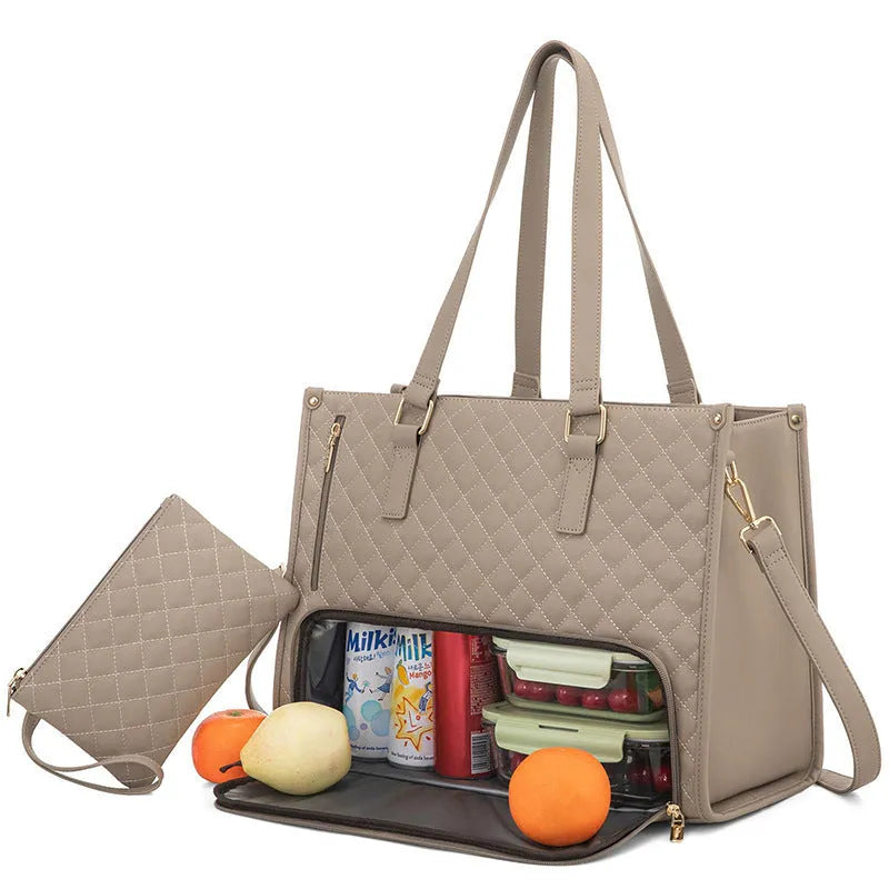 Women's quilted 2-in-1 lunch tote bag 42x32cm in black artificial leather with matching purse and crossbody strap