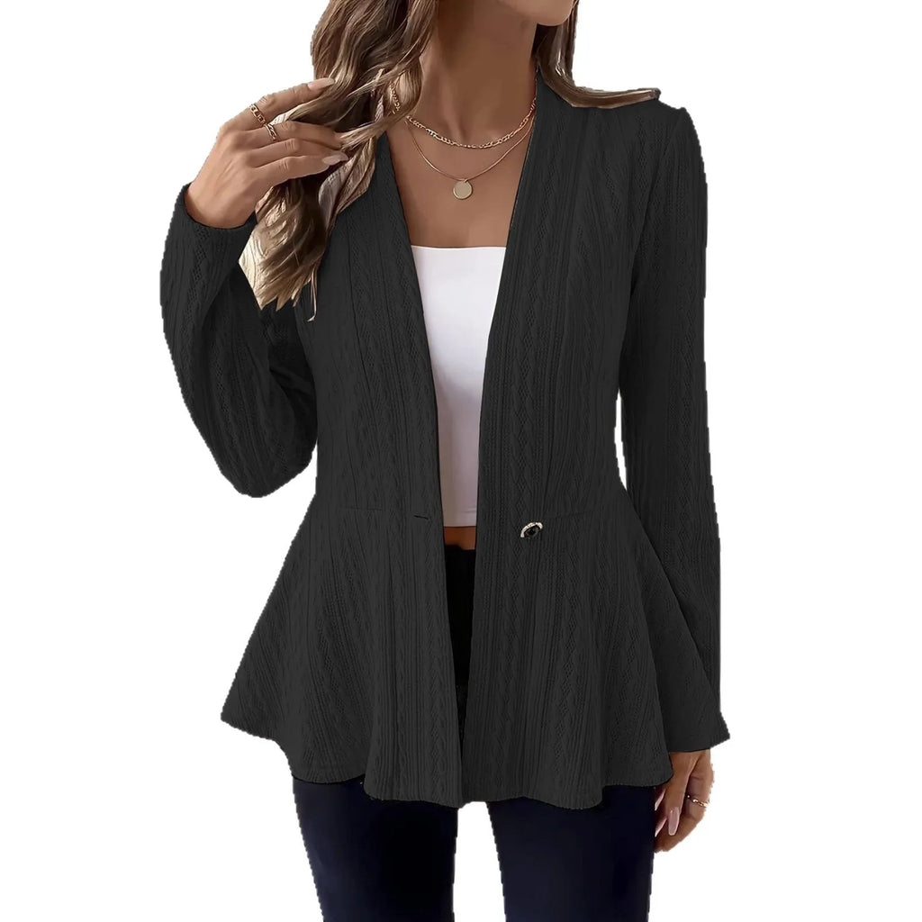 Women's apricot knitted cardigan with Jacquard pattern and one button, shown on a model.