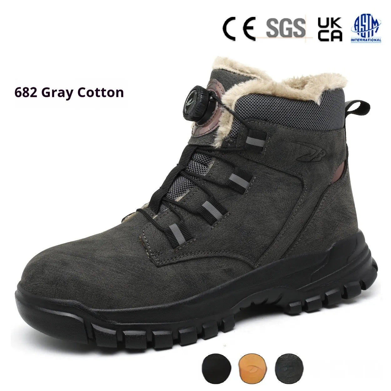 A pair of lightweight black leather work safety shoes with a rubber sole on a grey background.