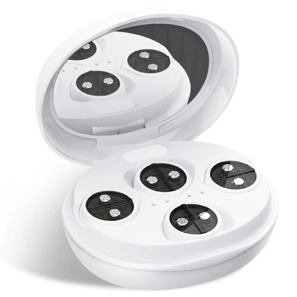 White wireless red light EMS eye and facial beauty massager device on a grey background