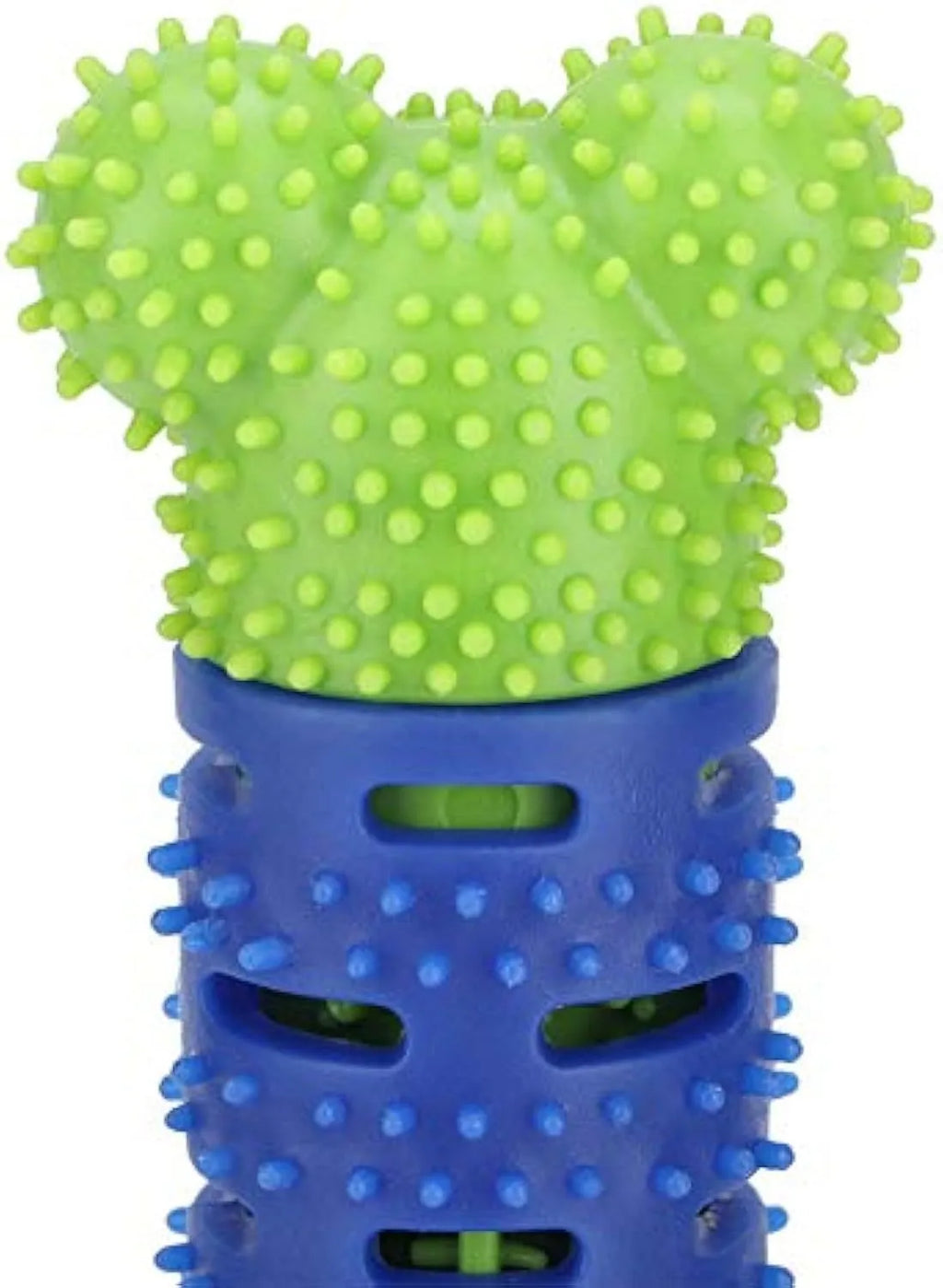 Blue green silicone dog toothbrush cleaning stick with textured surfaces and nodules for gum massage.