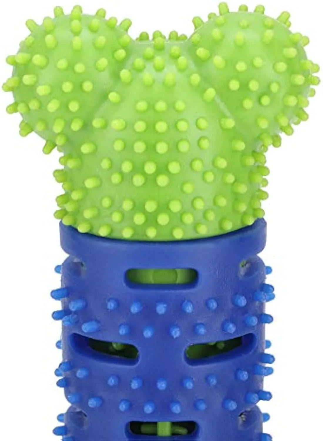 Blue green silicone dog toothbrush cleaning stick with textured surfaces and nodules for gum massage.