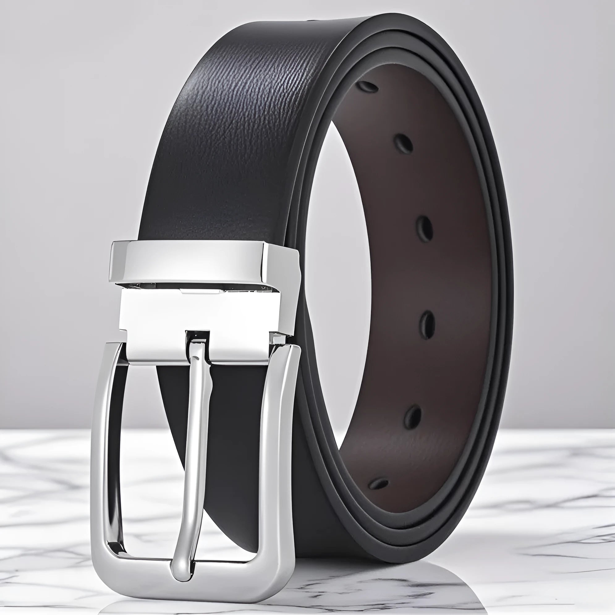 Men's genuine leather belt with alloy buckle showing water pattern design and pin closure