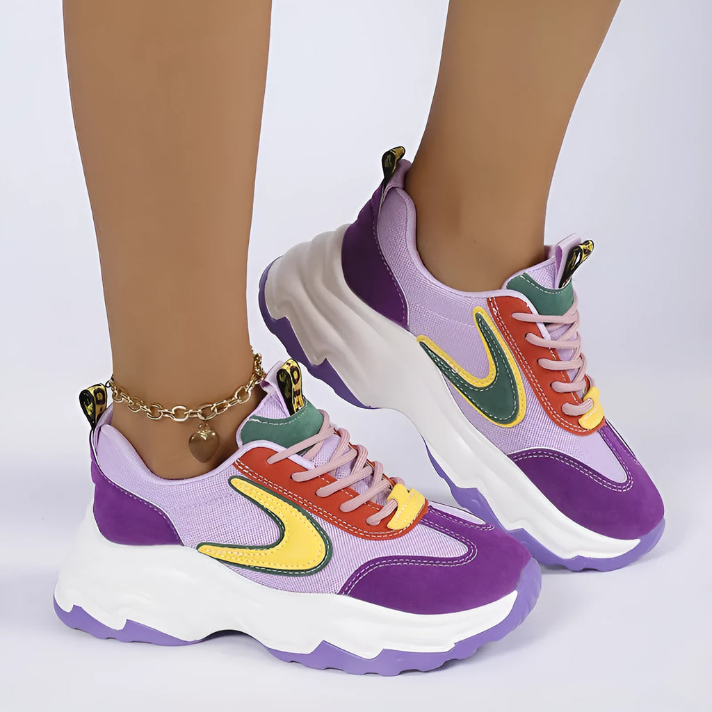 Mixed-colour women's lace-up sneakers with breathable mesh upper, thick rubber sole, and round toe in orange and purple