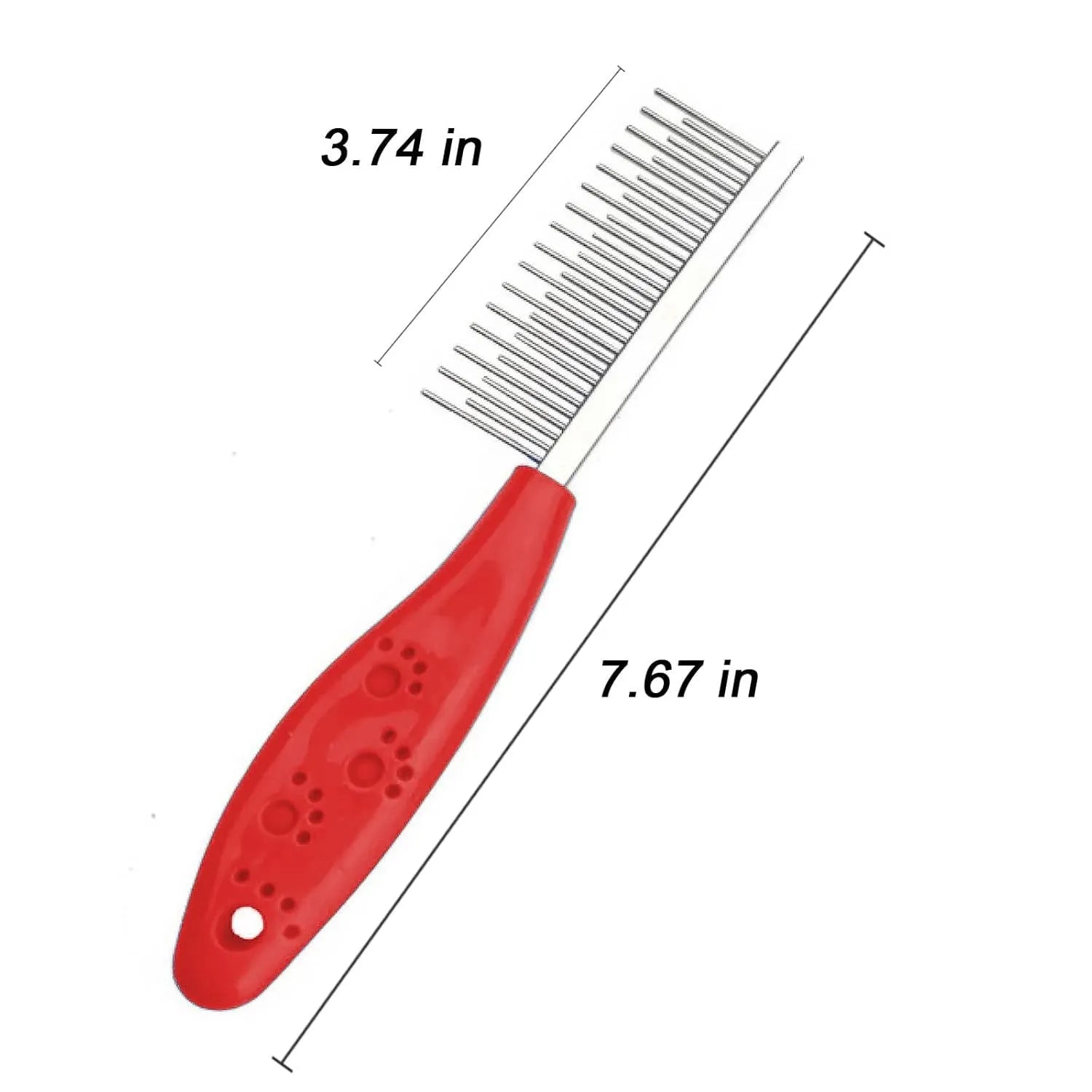 Red pet grooming comb with stainless steel short and long teeth and plastic anti-slip handle