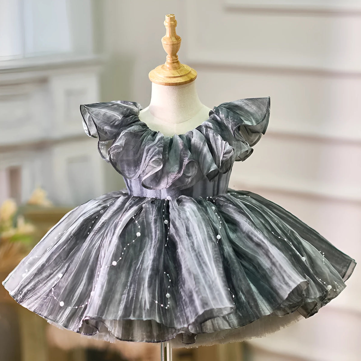 Girls birthday party dress in high grade gray, princess style, polyester lined, sizes 80cm to 160cm